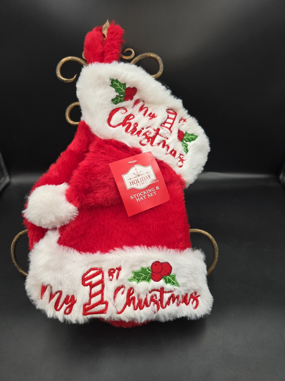 Holiday Time Red and White "My 1st Christmas" Stocking & Hat Set
